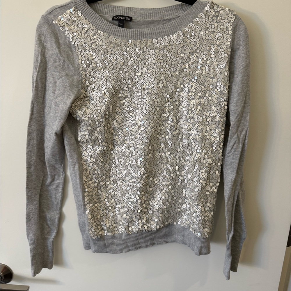 Express Silver Sequin Crew Neck Sweater